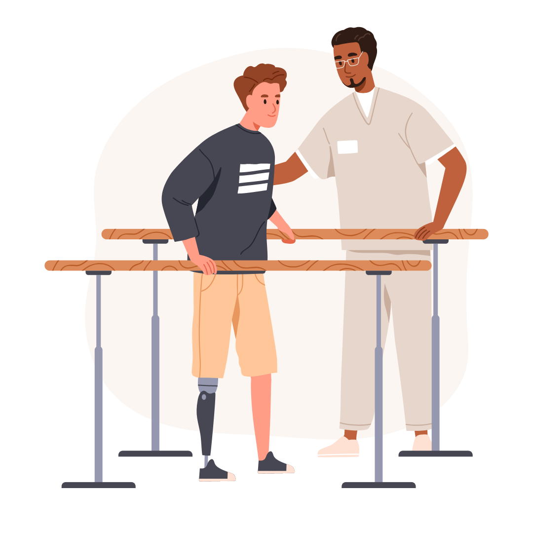 Ein junger Mann mit Beinprothese lernt in der Physiotherapie-Praxis wieder laufen“