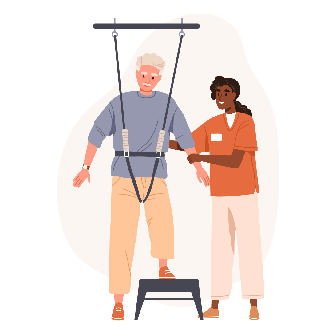 Ein älterer Mann trainiert gut gesichert seine Beweglichkeit und tritt auf ein Podest